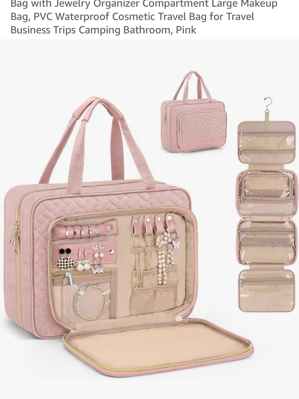 Pink Quilted Jewelry & Travel Organizer Bag for Women